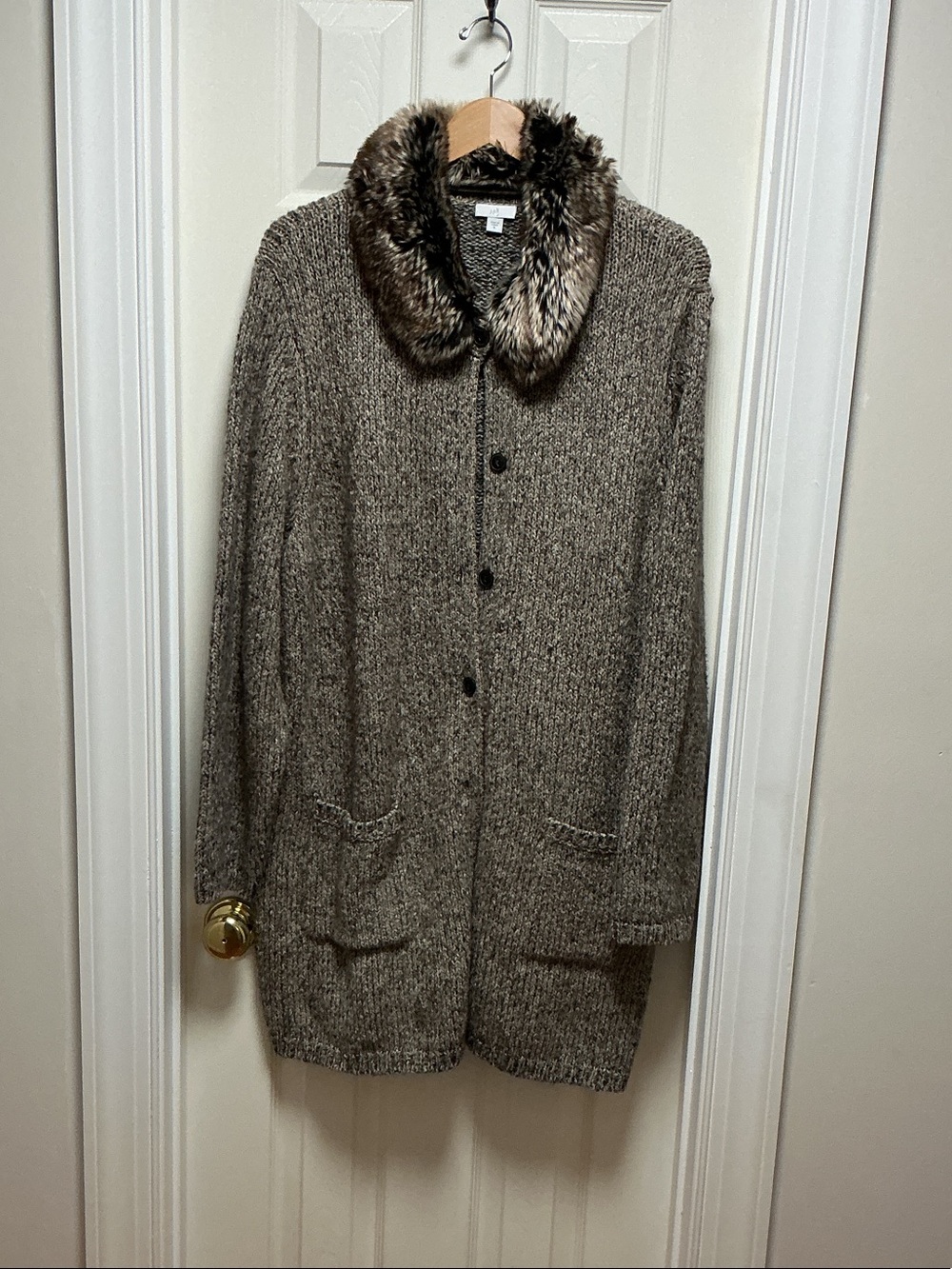 J. Jill Taupe-Brown Knit Coatigan with Faux-Fur Collar